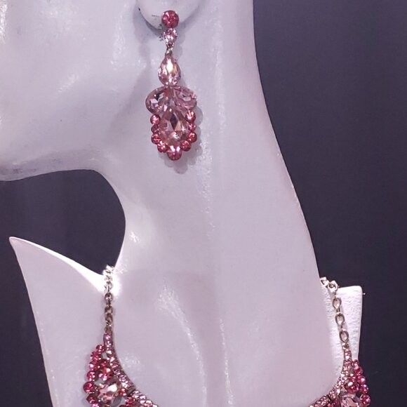Pink Rhinestone Necklace & Earrings - Picture 2 of 5